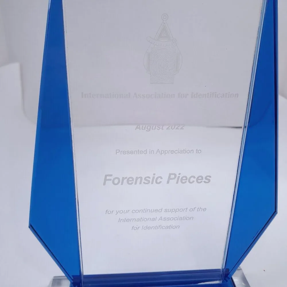 International Association for Identification Forensic Pieces glass award trophy